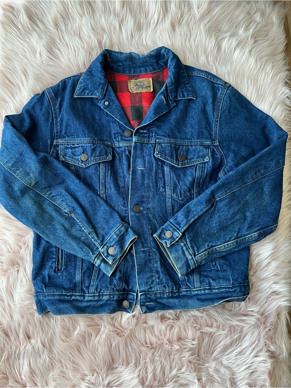 Women's Blue Denim Jacket with Red Plaid Lining